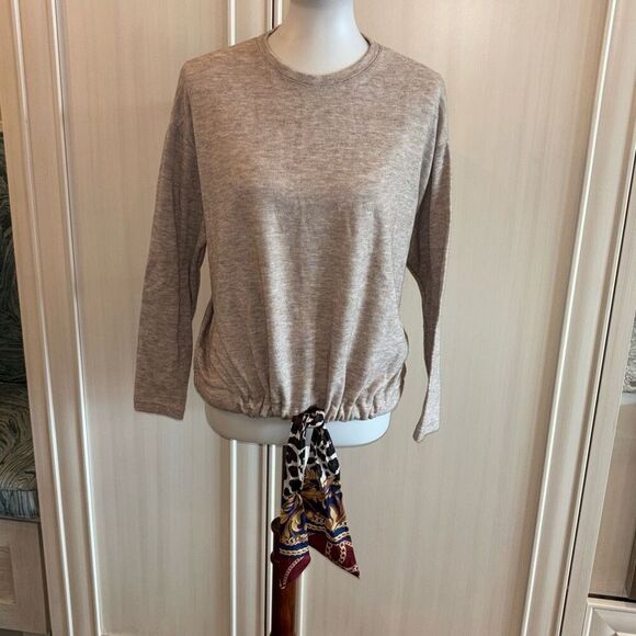 ZARA basic silk scarf tie beige/taupe sweater Sz M neutral - Picture 2 of 11